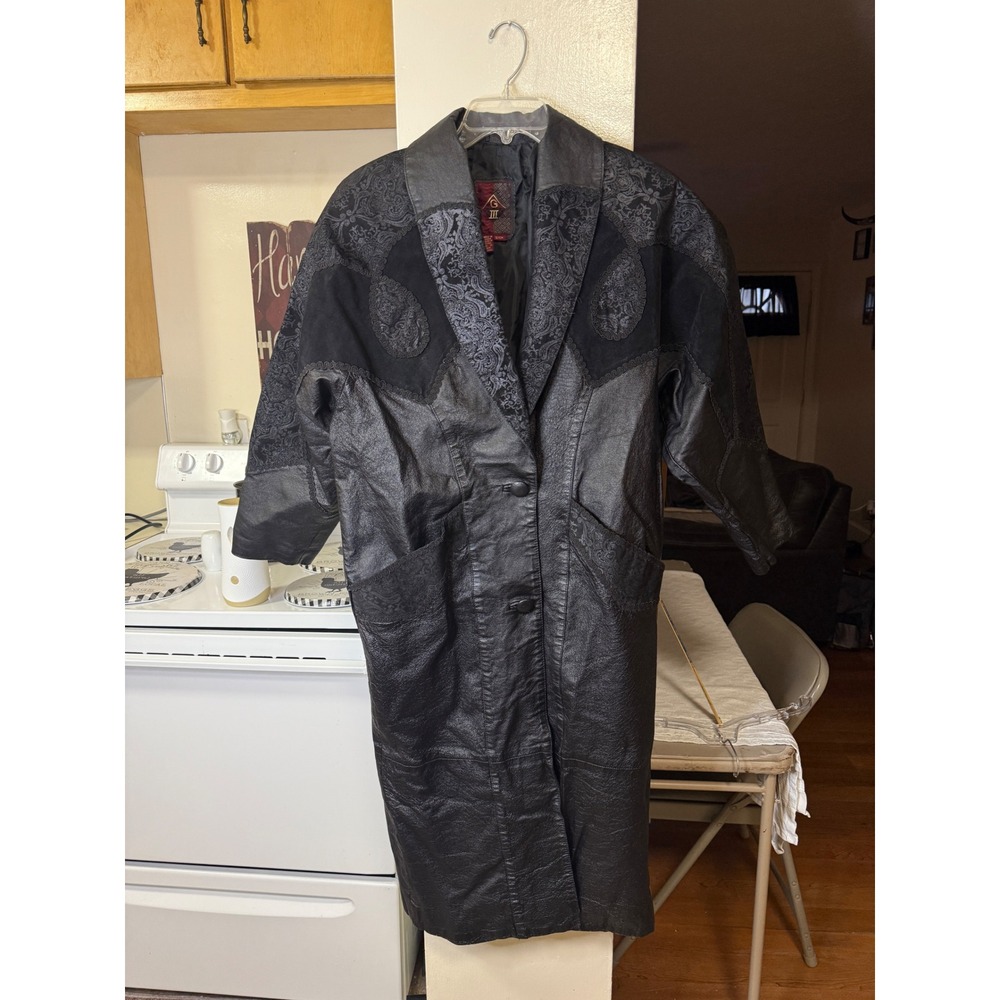 Gill Leather Patchwork Paisley Long Trench Coat Women's Size Small